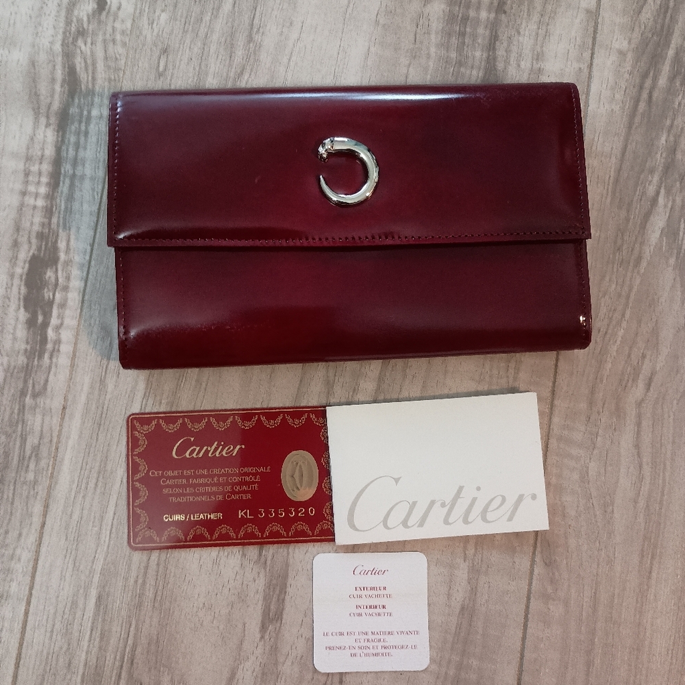 Cartier Wallet Purse Long Wallet Red Silver Woman Authentic